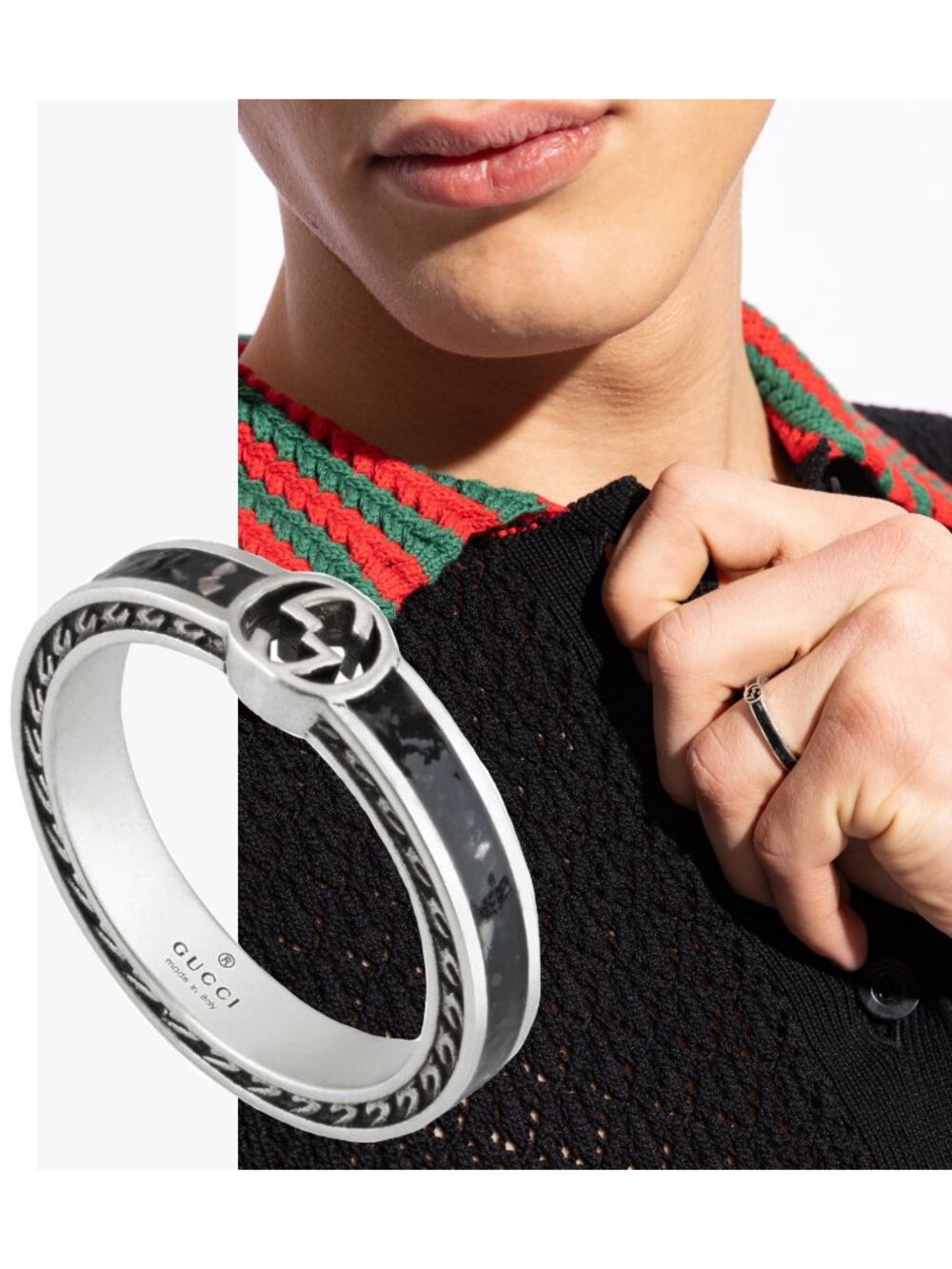 GUCCI RING STERLING SILVER w BLACK ENAMEL INTERLOCKING GG LOGO sz 17 US 8